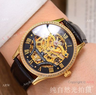 Copy Jaeger-LeCoultre Skeleton Watch Gold Case Diamond Bezel